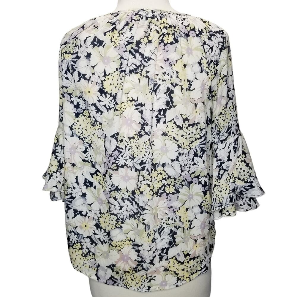 Chaps Top Womens Small Capri Navy & Pearl Floral Keyhole Bell-Sleeve - Picture 3 of 7